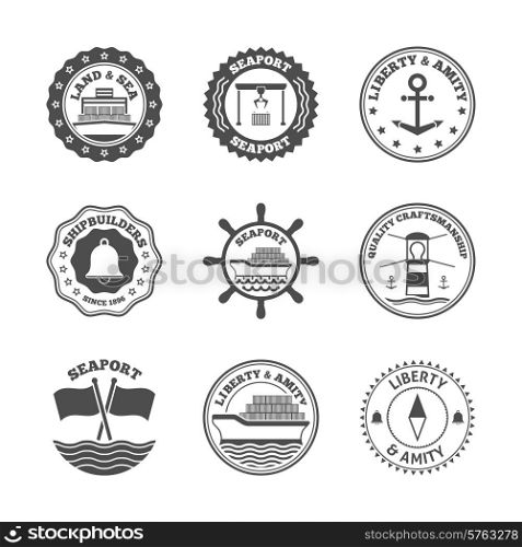 Sea port marine transport and cruise shipping label set isolated vector illustration. Sea Port Label Set