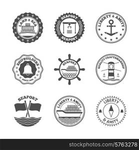 Sea port marine transport and cruise shipping label set isolated vector illustration. Sea Port Label Set