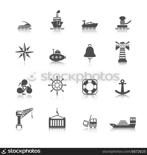 Sea port ocean transport icons black set isolated vector illustration