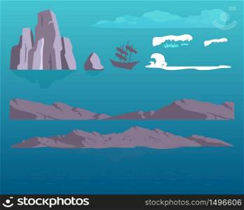 Sea rocks cartoon vector objects set. Seascape constructor. Marine mountains and ocean flat color illustrations collection. Water, waves and ship isolated pack on white background. Sea rocks cartoon vector objects set