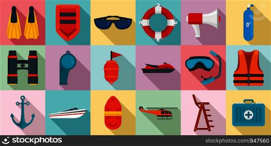 Sea safety icons set. Flat set of sea safety vector icons for web design. Sea safety icons set, flat style