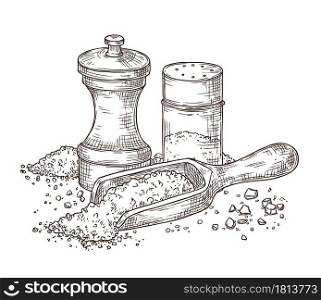 Sea salt. Sketch seasoning, engraving pepper shaker and spoon with powder. Glass packing, spice kitchenware ingredients vector illustration. Spice salt and pepper to cooking, ingredient sketch. Sea salt. Sketch seasoning, engraving pepper shaker and spoon with powder. Glass packing, spice kitchenware ingredients vector illustration