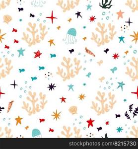 Sea seamless background with corals, octopuses, fish, starfish, shells, a variety of marine life.. seamless background with corals, octopuses, fish, starfish, shells, a variety of marine life