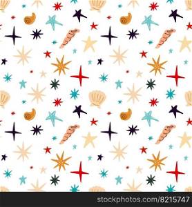 Sea seamless pattern with shells, corals, starfish on a white background. Vector illustration. Seamless pattern with shells, corals, starfish on a blue background