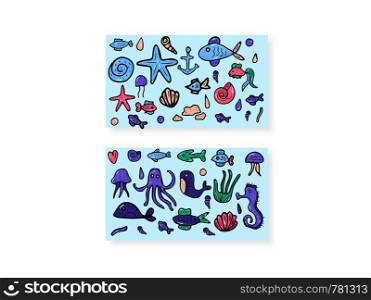 Sea set characters and symbols in doodle style. Vector illustration.