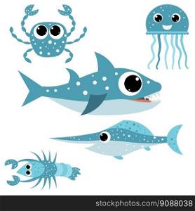 Sea set - cute shark, crab, lobster and jellyfish.  For scrapbooking, greeting card, party invitation, poster, tag, sticker set.