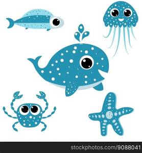 Sea set - cute whale, jellyfish, starfish, crab and fish. For scrapbooking, greeting card, party invitation, poster, tag, sticker set. 