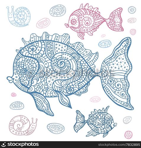 Sea set of fish and snails. Hand drawn vector illustration.