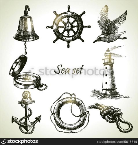 Sea set of nautical design elements. Hand drawn illustrations
