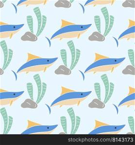 Sea sharks and algae seamless pattern. Background ocean floor with underwater inhabitants and vegetation. Baby print for textiles, wallpaper and design. Kid fish template. Sea sharks and algae seamless pattern