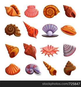 Sea shell beach icons set. Cartoon illustration of 16 Sea shell beach tropical underwater vector icons for web. Sea shell beach icons set, cartoon style