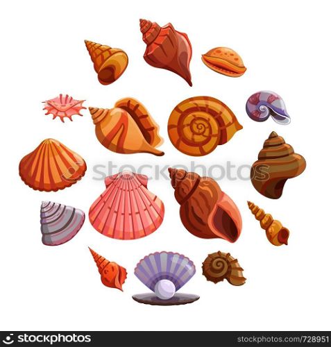 Sea shell beach icons set. Cartoon illustration of 16 Sea shell beach tropical underwater vector icons for web. Sea shell beach icons set, cartoon style