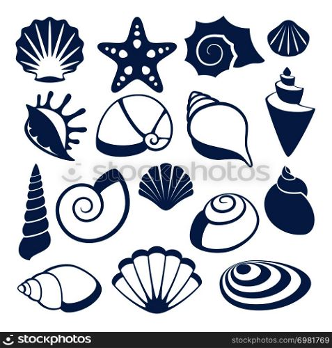 Sea shell vector silhouette icons. Sea shell spiral, illustration of sketch cockleshell. Sea shell vector silhouette icons