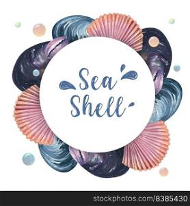 Sea shell  wreath marine life summertime travel on the beach ,aquarelle isolated, design vector illustration Color Coral trendy