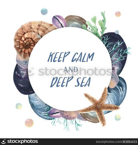 Sea shell  wreath marine life summertime travel on the beach ,aquarelle isolated, design vector illustration Color Coral trendy