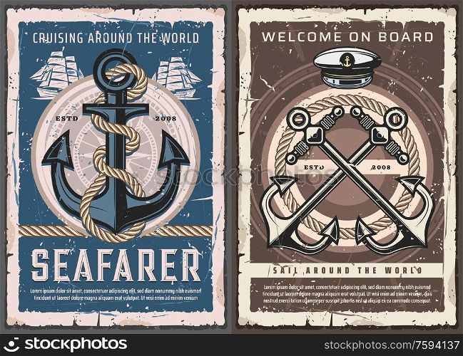 Sea ship anchors, sail boat helm and ropes, vintage nautical compass and captain hat vector design of marine travel and sailing sport. Vessel transport navigation equipment, yacht racing, ocean cruise. Nautical anchors, ship helm, rope and compass