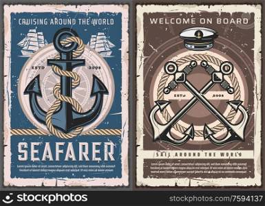 Sea ship anchors, sail boat helm and ropes, vintage nautical compass and captain hat vector design of marine travel and sailing sport. Vessel transport navigation equipment, yacht racing, ocean cruise. Nautical anchors, ship helm, rope and compass