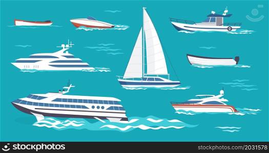 Sea ships. Cartoon passenger transport. Floating sailboat and trawler on water. Motorboat for seafood transportation. Small boats for river and lake sailing. Marine powerboat. Vector watercraft set. Sea ships. Passenger transport. Floating sailboat and trawler on water. Motorboat for seafood transportation. Boats for river and lake sailing. Marine powerboat. Vector watercraft set