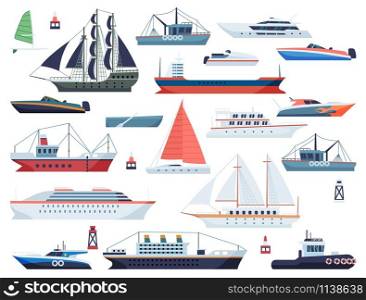 Sea ships. Fishing boat and big vessel for ocean travel on white background design isolated vector floating shipping set. Sea ships. Fishing boat and big vessel for ocean travel on white background design vector shipping set