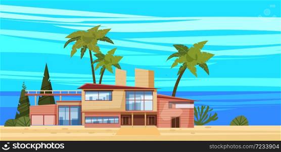 Sea shore beach luxury cottage villa house for rest with palms and plants, sea, ocean. Sea shore beach luxury cottage villa house for rest with palms and plants, sea, ocean. Modern architecture. Sunny summer landscape day vacation seaside. Vector template banner isolated illustration