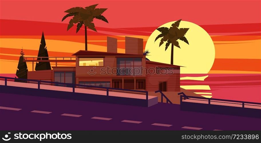 Sea shore sunset beach luxury cottage villa house for rest with palms and plants, sea, ocean. Sea shore sunset beach luxury cottage villa house for rest with palms and plants, sea, ocean. Modern architecture near the road. Sunny summer landscape day vacation seaside. Vector template banner isolated illustration