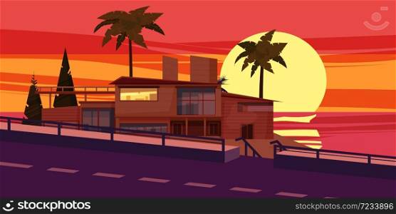 Sea shore sunset beach luxury cottage villa house for rest with palms and plants, sea, ocean. Sea shore sunset beach luxury cottage villa house for rest with palms and plants, sea, ocean. Modern architecture near the road. Sunny summer landscape day vacation seaside. Vector template banner isolated illustration