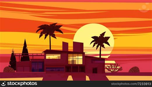 Sea shore sunset beach luxury cottage villa house for rest with palms and plants, sea, ocean. Sea shore sunset beach luxury cottage villa house for rest with palms and plants, sea, ocean. Modern architecture. Sunny summer landscape day vacation seaside. Vector template banner isolated illustration