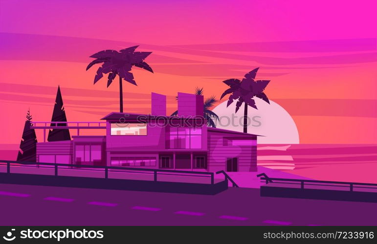 Sea shore sunset beach luxury cottage villa house for rest with palms and plants, sea, ocean. Sea shore sunset beach luxury cottage villa house for rest with palms and plants, sea, ocean. Modern architecture near the road. Sunny summer landscape day vacation seaside. Vector template banner isolated illustration