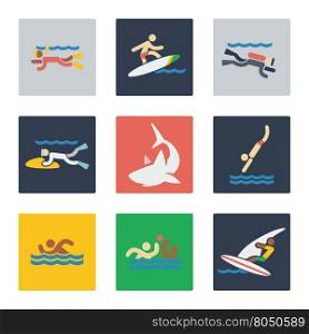 Sea sports flat icons. Sea sports flat icons with people and dangerous sea predator shark. Vector illustration