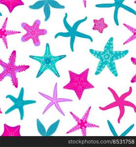 Sea stars seamless pattern. Marine and nautical backgrounds with starfishes. Starfish underwater invertebrate animal. Vector illustration. Sea stars seamless pattern. Marine and nautical backgrounds with starfishes. Starfish underwater invertebrate animal. Vector illustration.