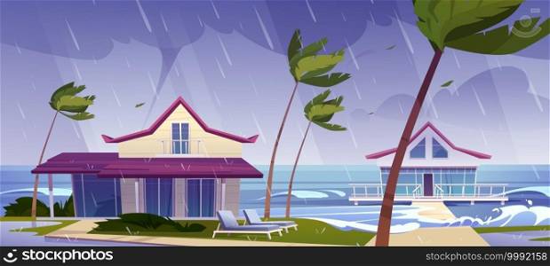 Sea storm with rain and tornado on tropical beach with bungalows and palm trees. Vector cartoon landscape of stormy ocean with waves, villas on coast, wind, hurricane. Sea storm and rain on beach with bungalows