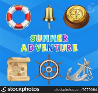 Sea story, summer adventures and travel poster. Marine cruise and travelling advertising placard with steering wheel, anchor, old map, lifebuoy, bell, vintage compass. Ocean journey, pacific voyage. Sea story, summer adventures and travel poster. Marine cruise travelling advertising placard
