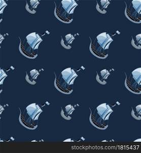 Sea style seamless marine pattern with blue sailboat ship silhouettes. Dark navy blue background. Designed for fabric design, textile print, wrapping, cover. Vector illustration.. Sea style seamless marine pattern with blue sailboat ship silhouettes. Dark navy blue background.