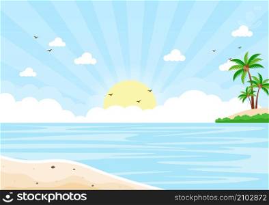 Sea Sunrise Landscape Above Morning Scene Ocean with Clouds, Water Surface, Palm Tree and Beach in Flat Background Illustration for Banner