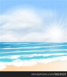 Sea Sunrise with Bright Sun Colorful Sky Fluffy Clouds - vector