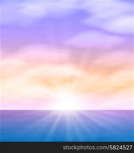 Sea Sunrise with Bright Sun Colorful Sky Fluffy Clouds - vector Sea Sunrise with Bright Sun Colorful Sky Fluffy Clouds - vector