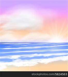 Sea Sunrise with Bright Sun Colorful Sky Fluffy Clouds - vector Sea Sunrise with Bright Sun Colorful Sky Fluffy Clouds - vector