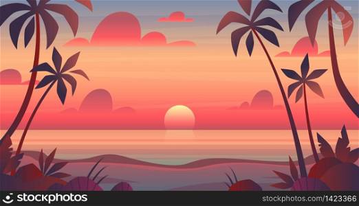 Sea sunset. Evening or morning view of sun above ocean. Panorama with clouds, water surface and palm trees, exotic cartoon vector bright landscape. Sea sunset. Evening or morning view of sun above ocean. Panorama with clouds, water surface and palm trees, exotic cartoon vector landscape