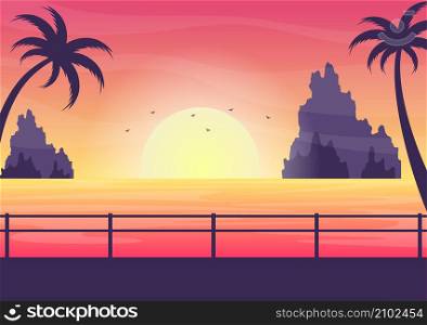 Sea Sunset Landscape of Sun Above Ocean with Clouds, Water Surface, Palm Tree and Beach in Flat Background Illustration for Poster, Banner or Background