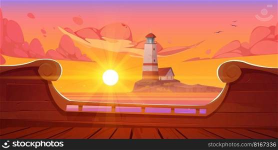 Sea sunset landscape with lighthouse on island, ship deck view. Cartoon vector background with house on rocky coast in ocean. Beacon building on harbor seascape at orange sunrise, evening or morning. Sea sunset landscape with lighthouse, ship deck