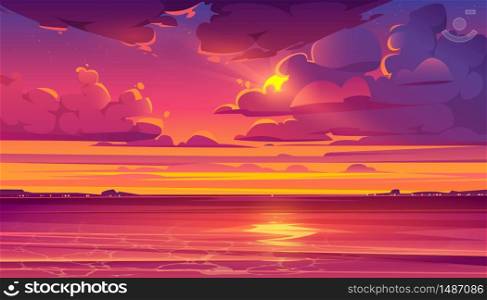 Sea sunset. Tropical landscape with ocean, sky and clouds in red light of evening sun. Vector cartoon summer seascape with orange reflection in water and coastline silhouette on horizon. Tropical landscape with ocean and sunset