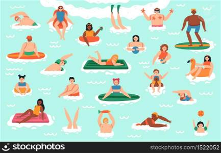 Sea swim characters. People ocean swimming, diving, surfing and sunbathing, vacation water activities vector illustration set. Summer vacation, summertime cartoon leisure. Sea swim characters. People ocean swimming, diving, surfing and sunbathing, vacation water activities vector illustration set