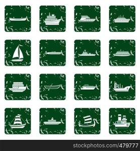 Sea transport icons set in grunge style green isolated vector illustration. Sea transport icons set grunge