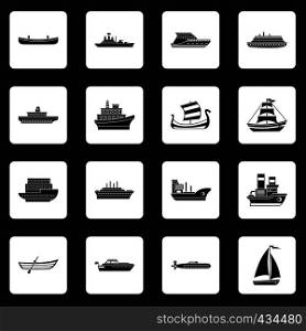 Sea transport icons set in white squares on black background simple style vector illustration. Sea transport icons set squares vector