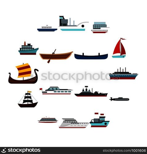 Sea transport set icons in flat style isolated on white background. Sea transport set flat icons
