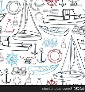 Sea transport, yachts and ships. Vector seamless pattern.. Sea transport, yachts and ships.
