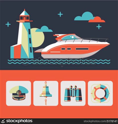 Sea travel on a luxury yacht. Vector illustration. The icons set.