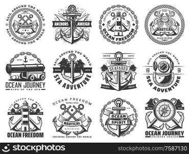 Sea travel ship and nautical anchor vector icons with sail boat ropes, chains and marine compasses, lighthouse, vintage diving helmet and naval cannon. Navy heraldic badges of ocean journey, adventure. Nautical anchors, rope, chains, sea ship compass