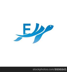 Sea turtle icon with letter E logo design illustration template