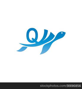 Sea turtle icon with letter Q logo design illustration template